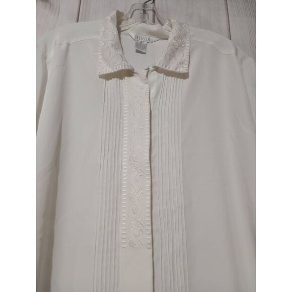 Sellecca Shirt Ladies 18 Button Front Short Sleeve White‎ Embroidered Semi Sheer - Picture 3 of 8